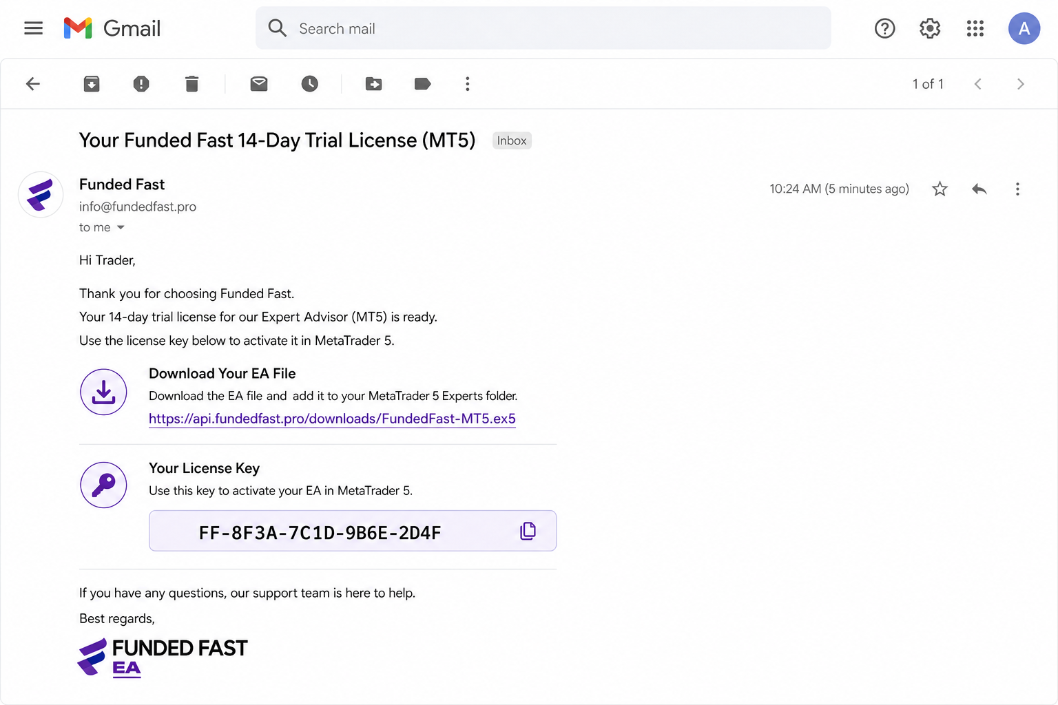 Funded Fast license email with license key and download link