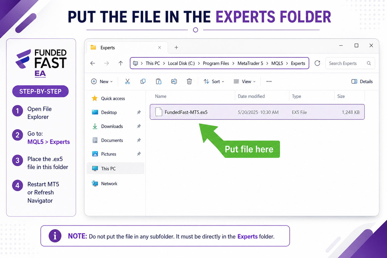 Placing the EA file inside the Experts folder