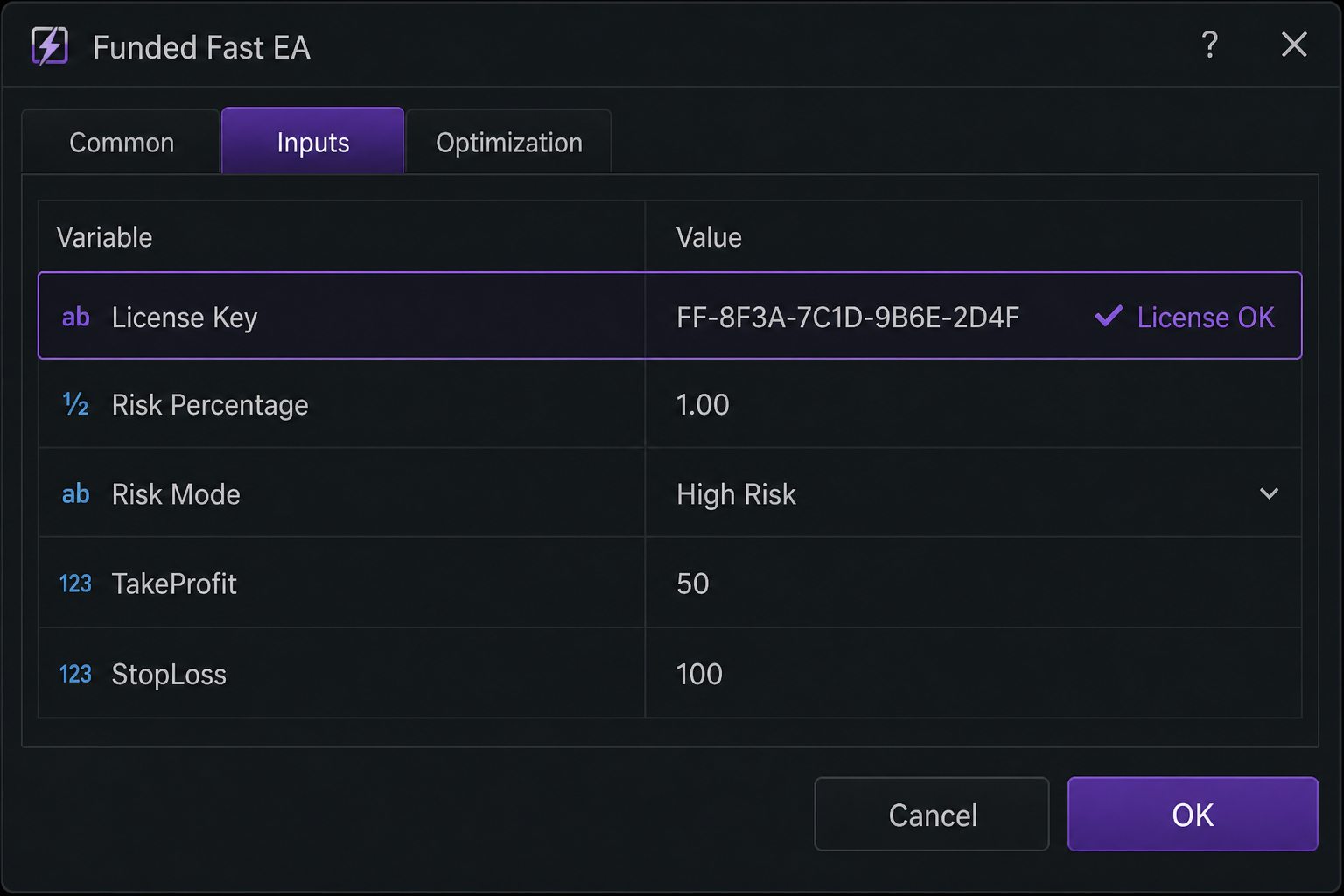 Inputs tab with License Key field filled in