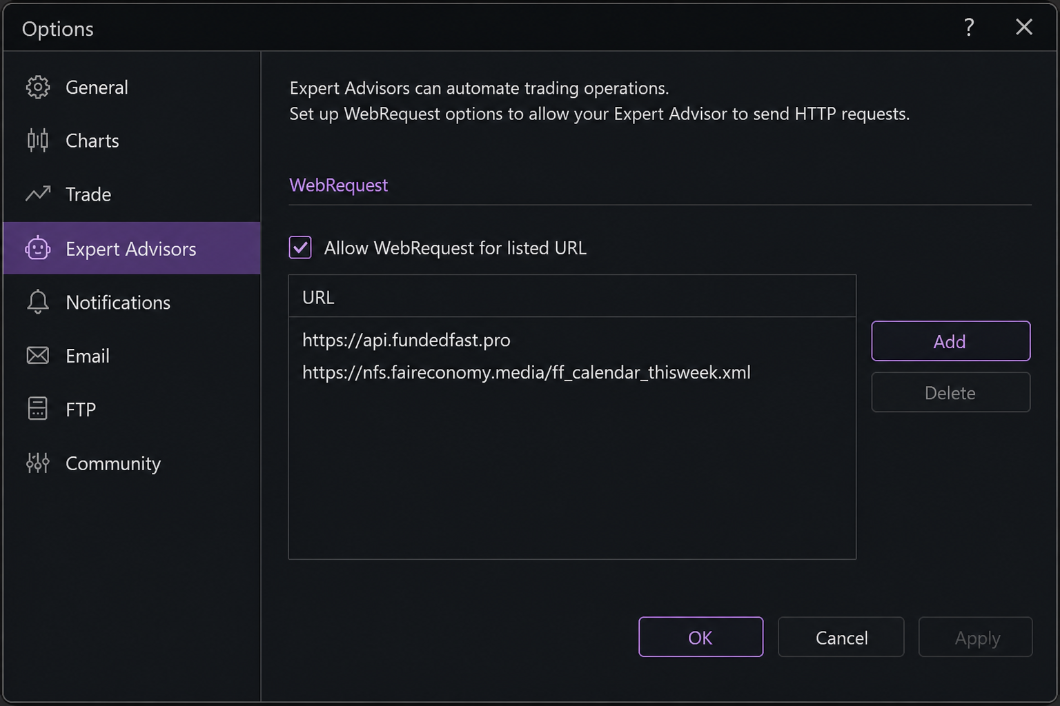 Expert Advisors options with both WebRequest URLs allowed